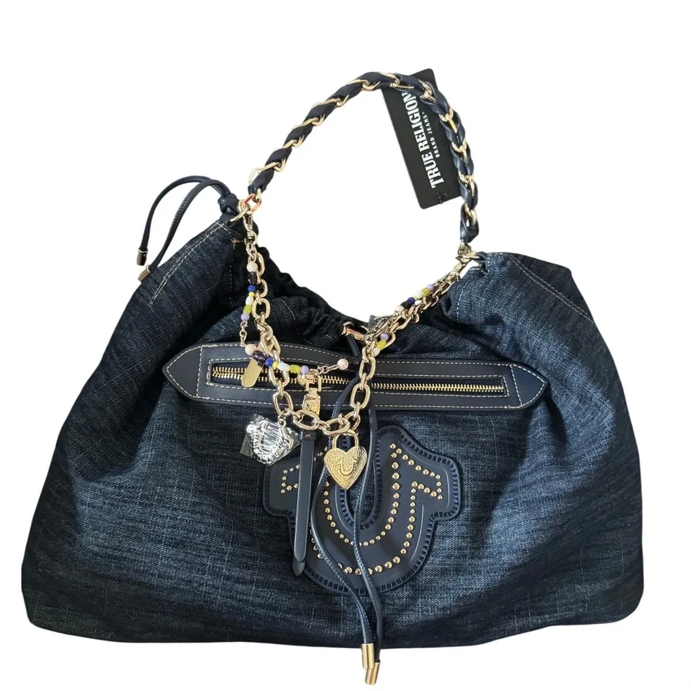 True Religion All Denim Large Hobo Bag Multi chain Strap With Charm NWT